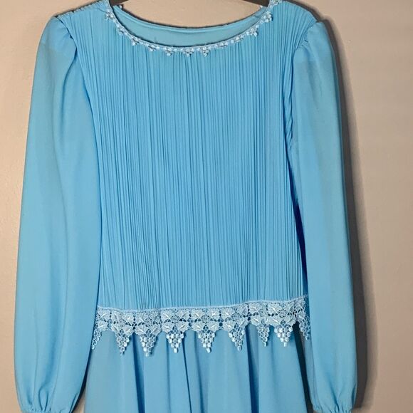 Vtg 80s Blue Midi Dress S-M Blouson White Lace 70s Mother of Bride Boston Maid - Picture 3 of 12